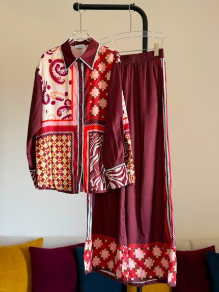 Alemais Silk Co-Ord Set - Burgundy Patchwork Print