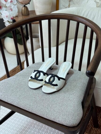 Chanel CC Beige & Black Kitten Heel Mules