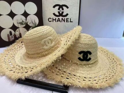 Chanel CC Logo Embroidered Raffia Wide-Brim Sun Hats