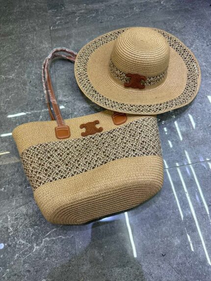 CELINE Triomphe Raffia Tote Bag & Wide-Brim Hat Summer Set