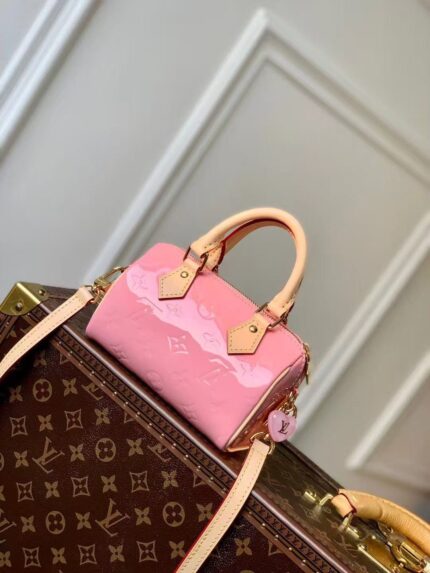 Louis Vuitton Nano Speedy in Pink Vernis Leather with Heart Charm