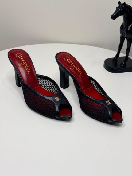 Chanel CC Logo Mesh Peep-Toe Mules Heels