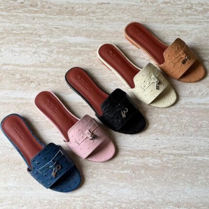 Loro Piana Summer Charms Ostrich Flat Slide Sandals