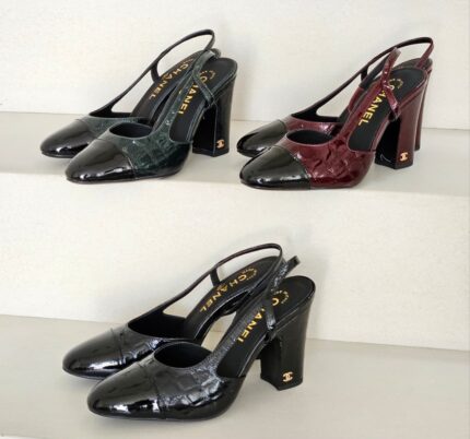 Chanel Cap-Toe Croc-Embossed Slingback Block Heel Pumps