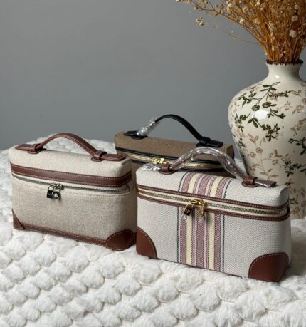 Loro Piana Canvas Leather Vanity Top-Handle Bags