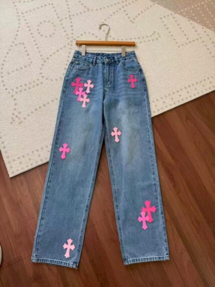 Chrome Hearts Pink Cross Patch Straight-Leg Jeans
