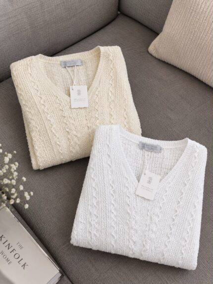 Brunello Cucinelli Open-Knit Cable V-Neck Sweaters