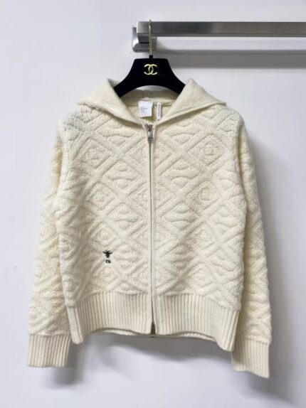 Christian Dior Quilted Cable-Knit Hooded Zip-Up Sweater