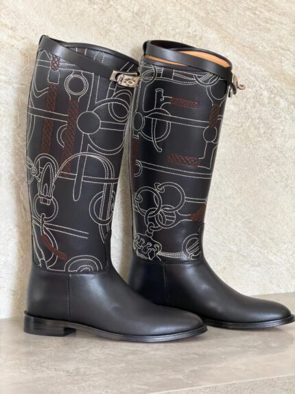 Hermes Jumping Embroidered Knee-High Boots