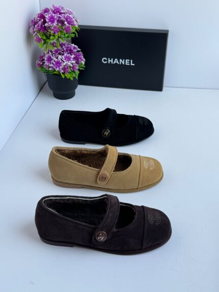 Chanel Mary Jane Velvet Fur Ballet Flats