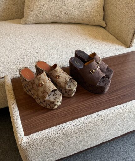 Gucci GG Monogram Platform Wedge Mules