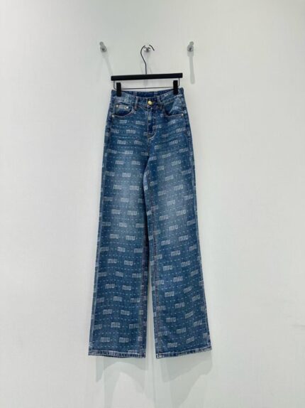 Miu Miu All-Over Logo Wide-Leg Denim Jeans