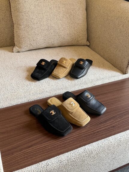 Chanel CC Logo Square-Toe Mule Loafers