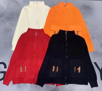 Hermes Zip-Up Ribbed Knit Cardigan Jackets