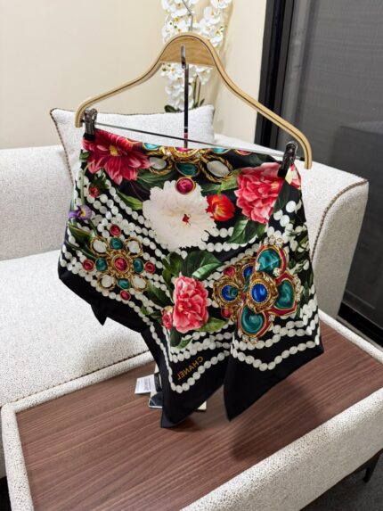 Chanel Floral Jewel Pearl Print Silk Square Scarfs