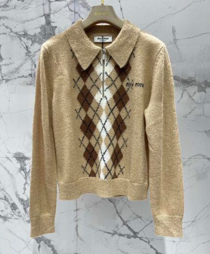 Miu Miu Argyle Logo Knit Polo Sweater