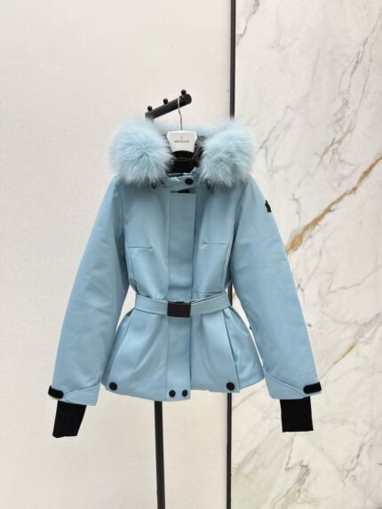 Moncler Peplum Belted Parka Jackets with Fur Hood