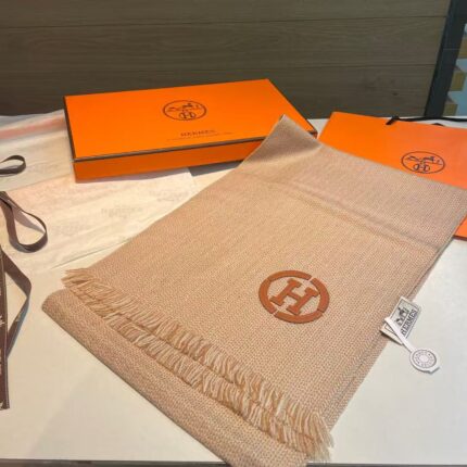 Hermes Embroidered H Logo Reversible Wool Blend Scarfs