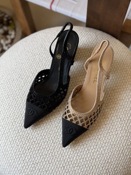 Chanel Crystal Mesh Cap-Toe Slingback Pumps