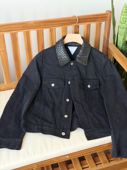 Bottega Veneta Intrecciato Leather Collar Denim Jacket