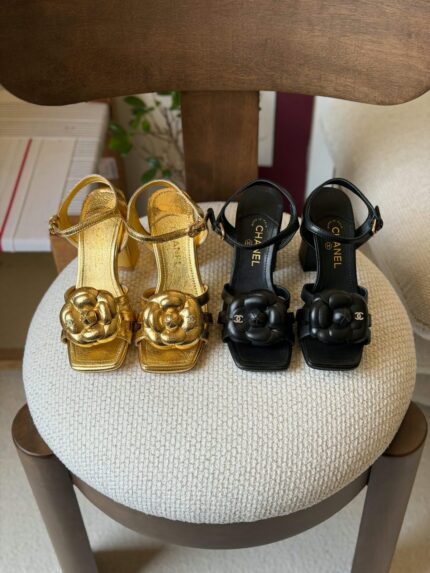 Chanel Camellia Ankle-Strap Block Heel Sandals