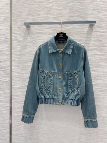 Chanel Vintage CC Logo Denim Bomber Jacket