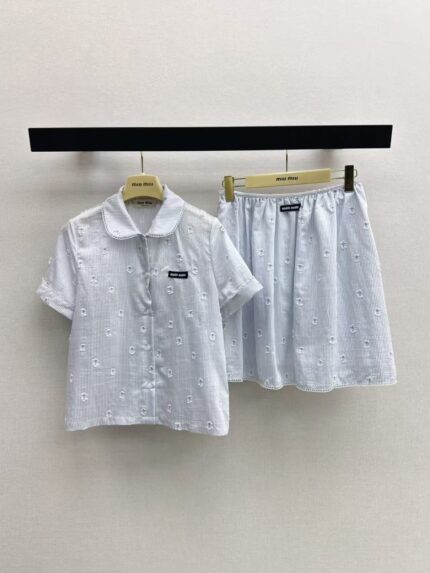 Miu Miu  Embroidered Striped Cotton Shirt and Mini Skirt Co-ord Set