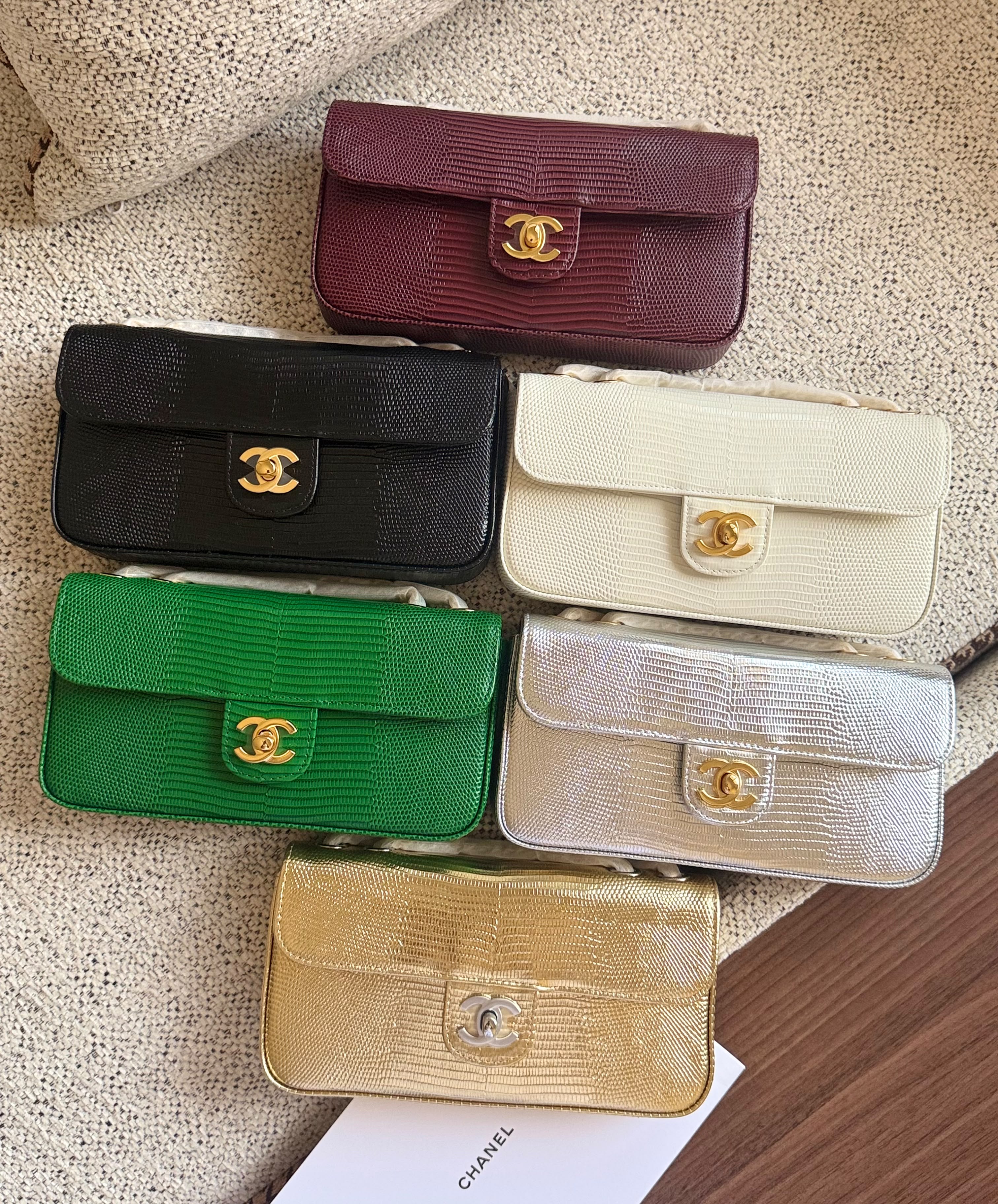 Chanel  Turnlock Lizard Embossed Rectangular Flap Shoulder Bags