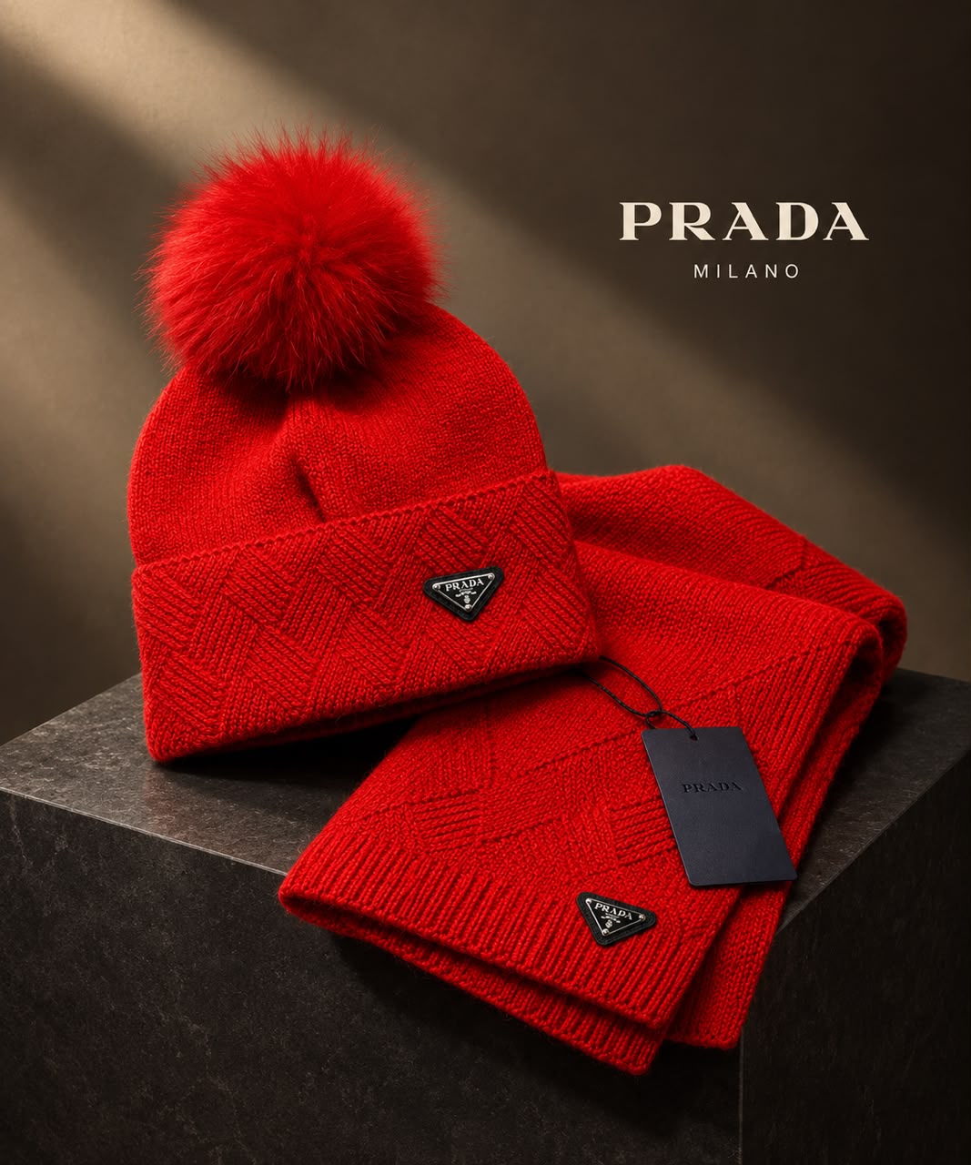 Prada Milano Triangle Logo Pom-Pom Beanie and Scarf Set - Wool Knit Winter Sets
