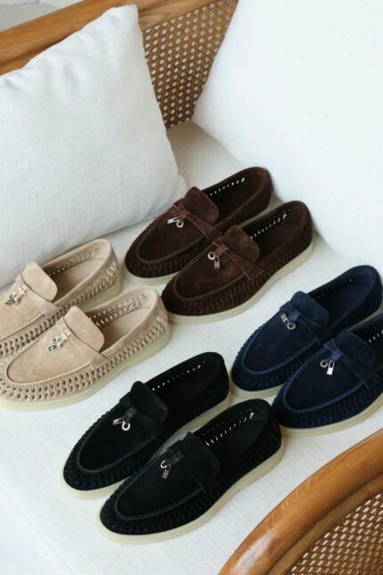 Loro Piana Dot Solaire Woven Suede Loafers