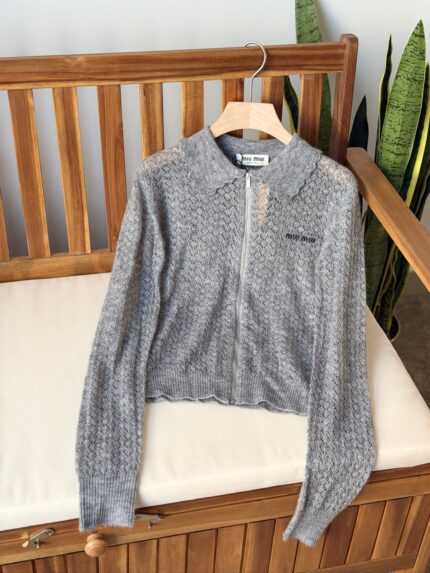 Miu Miu Pointelle Knit Zip Cardigan