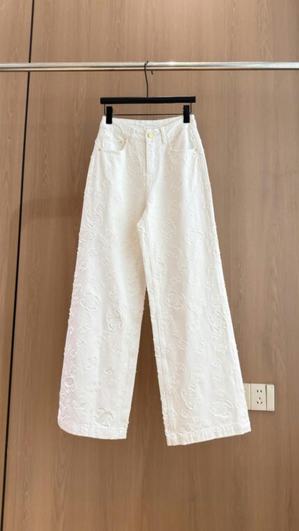 Chanel CC Logo Embroidered Wide-Leg Denim Jeans