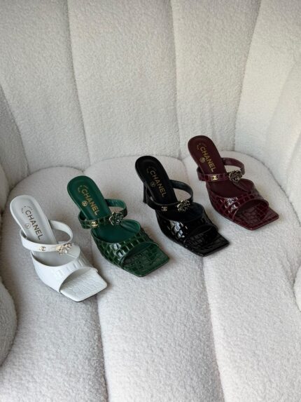 Chanel Croc-Embossed Camellia Mule Sandals