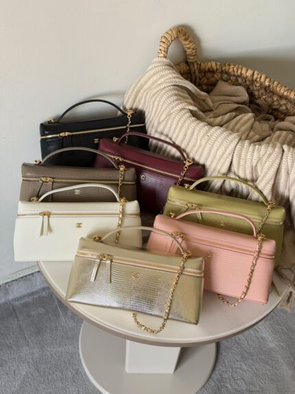 Chanel Lizard-Embossed Vanity Cases with Top Handle & Chain