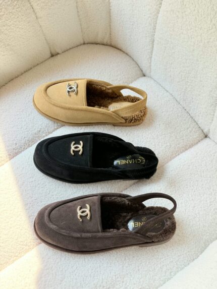 Chanel Shearling-Lined Suede Slingback Loafers