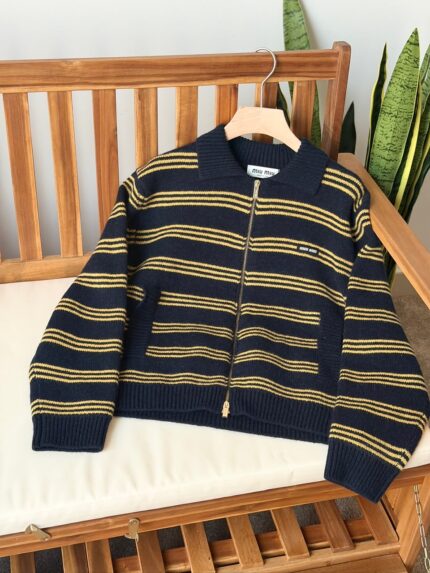 Miu Miu Striped Wool Zip-Up Cardigan