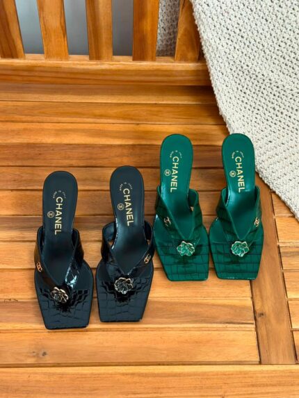 Chanel Camellia Croc Embossed Thong Heel Sandals