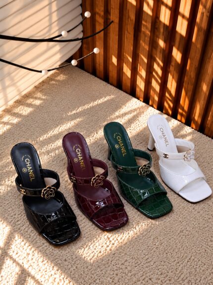 Chanel Camellia Croc Heeled Mule Sandals