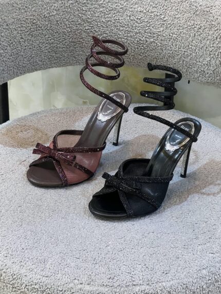 Rene Caovilla Cleo Spiral Crystal Bow Mesh Heeled Sandals