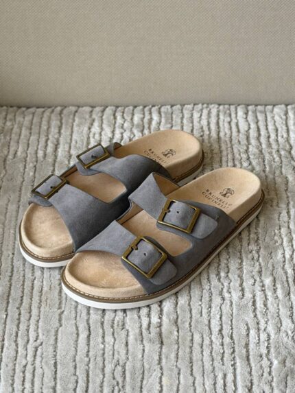 Brunello Cucinelli Suede Double Buckle Slides