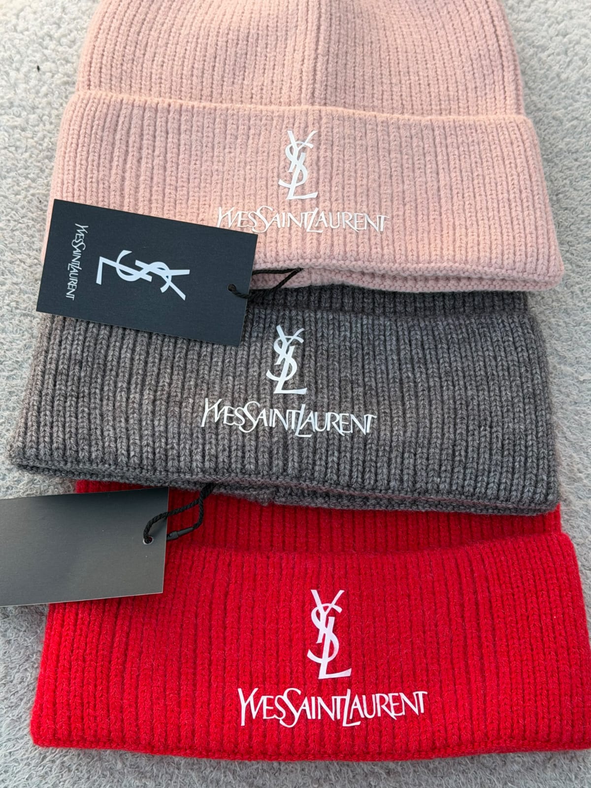 YSL Logo Embroidered Ribbed Knit Beanies